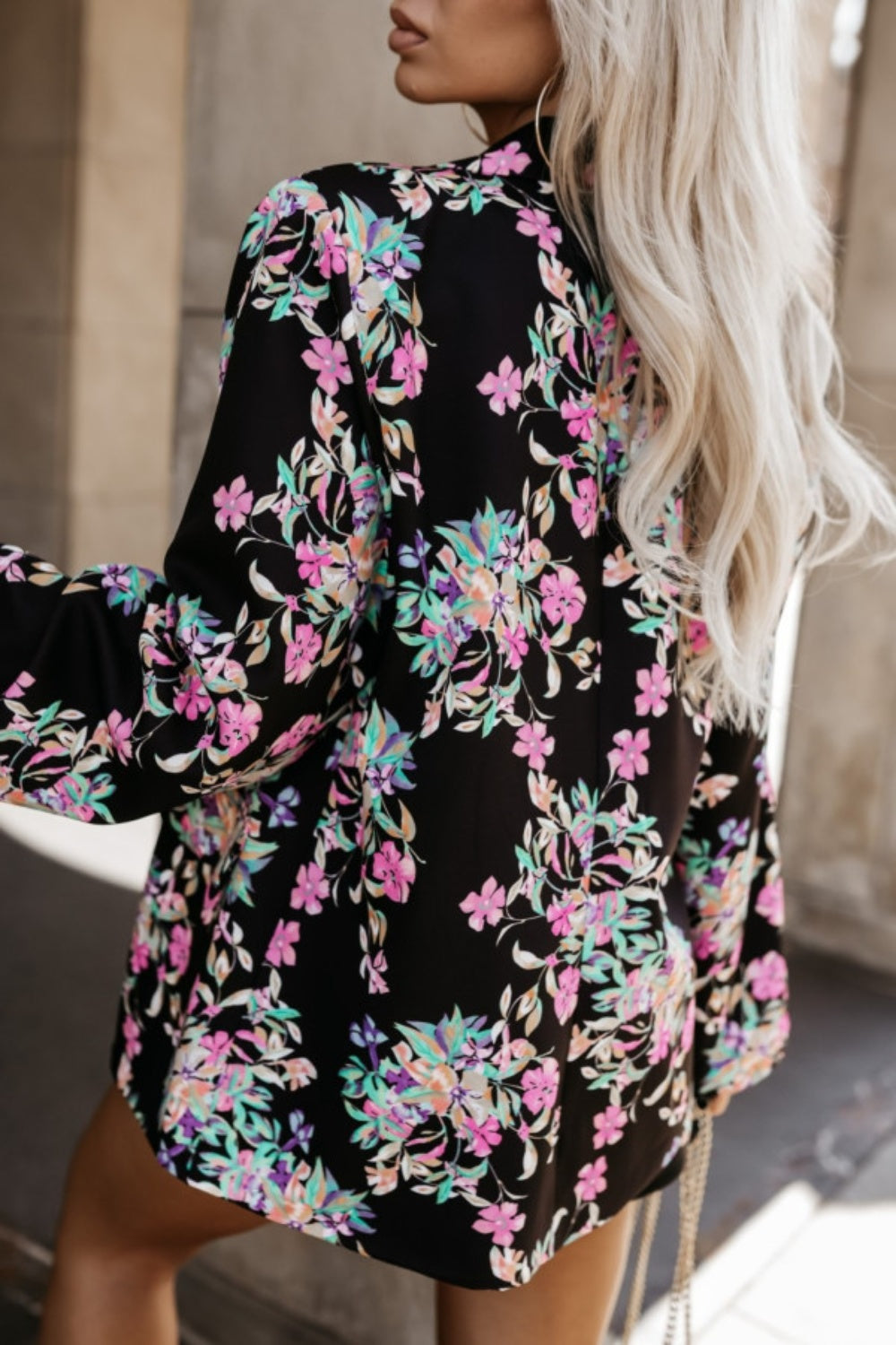 Tied Printed Collared Neck Long Sleeve Jacket - Charming Charlie