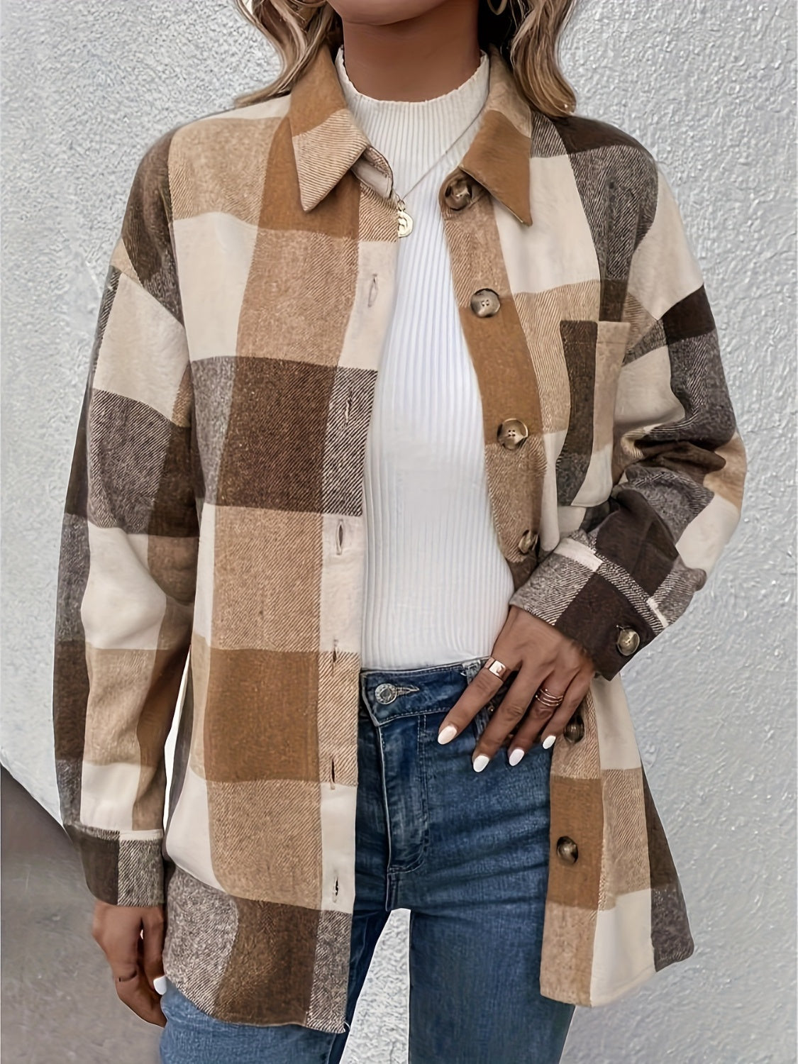 Curved Hem Plaid Collared Neck Shacket - Charming Charlie