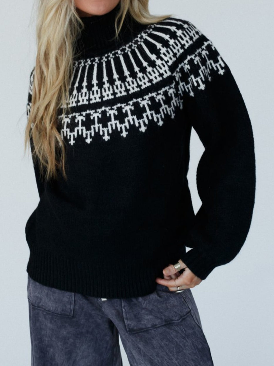 Contrast Turtleneck Long Sleeve Sweater - Charming Charlie