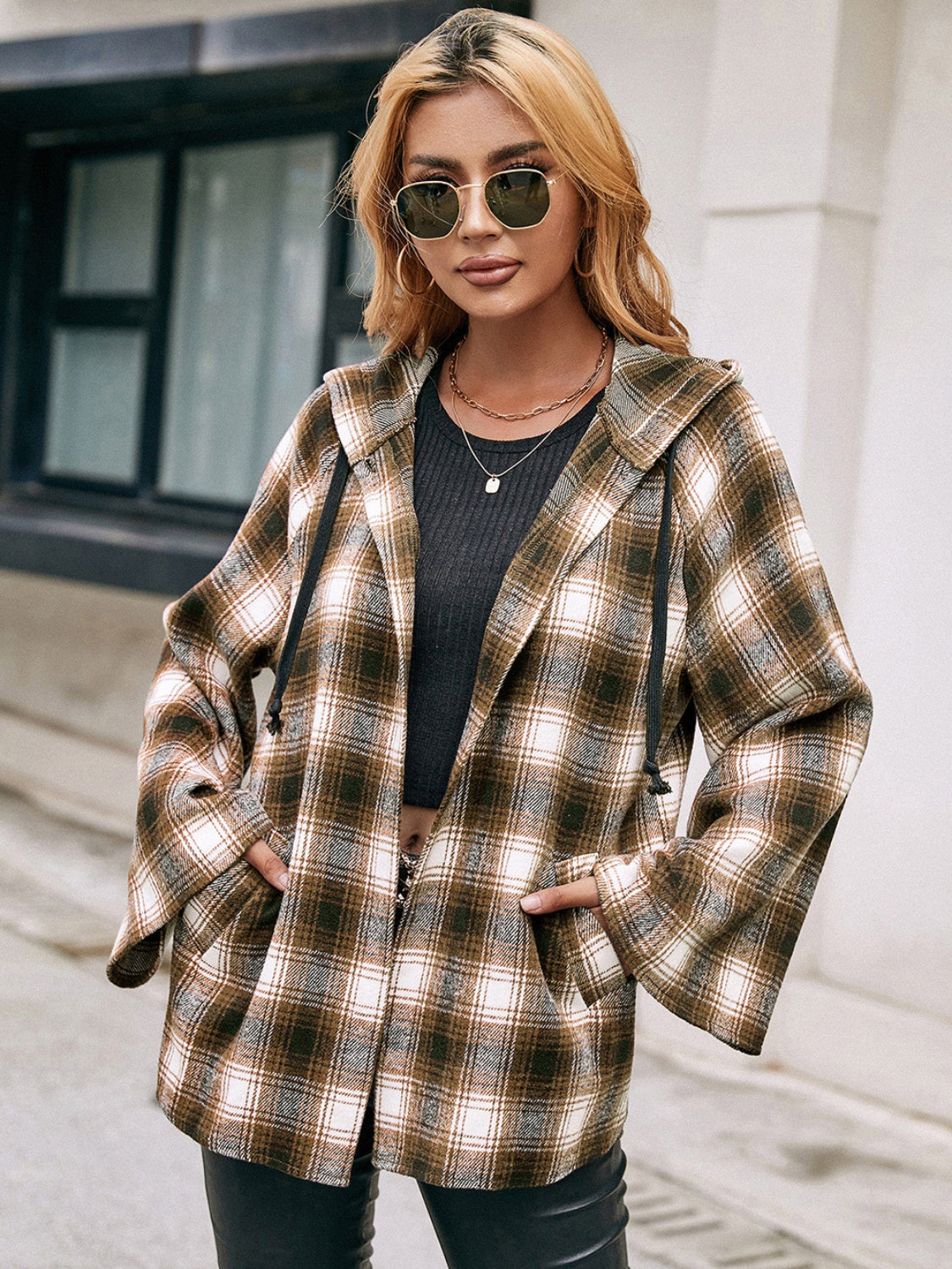 Pocketed Plaid Long Sleeve Hooded Jacket - Charming Charlie