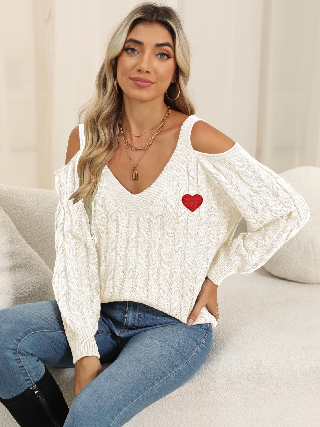 Cable-Knit Heart V-Neck Sweater - Charming Charlie