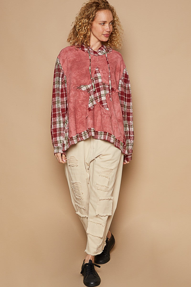 POL Star Patch Plaid Long Sleeve Hooded Top - Charming Charlie