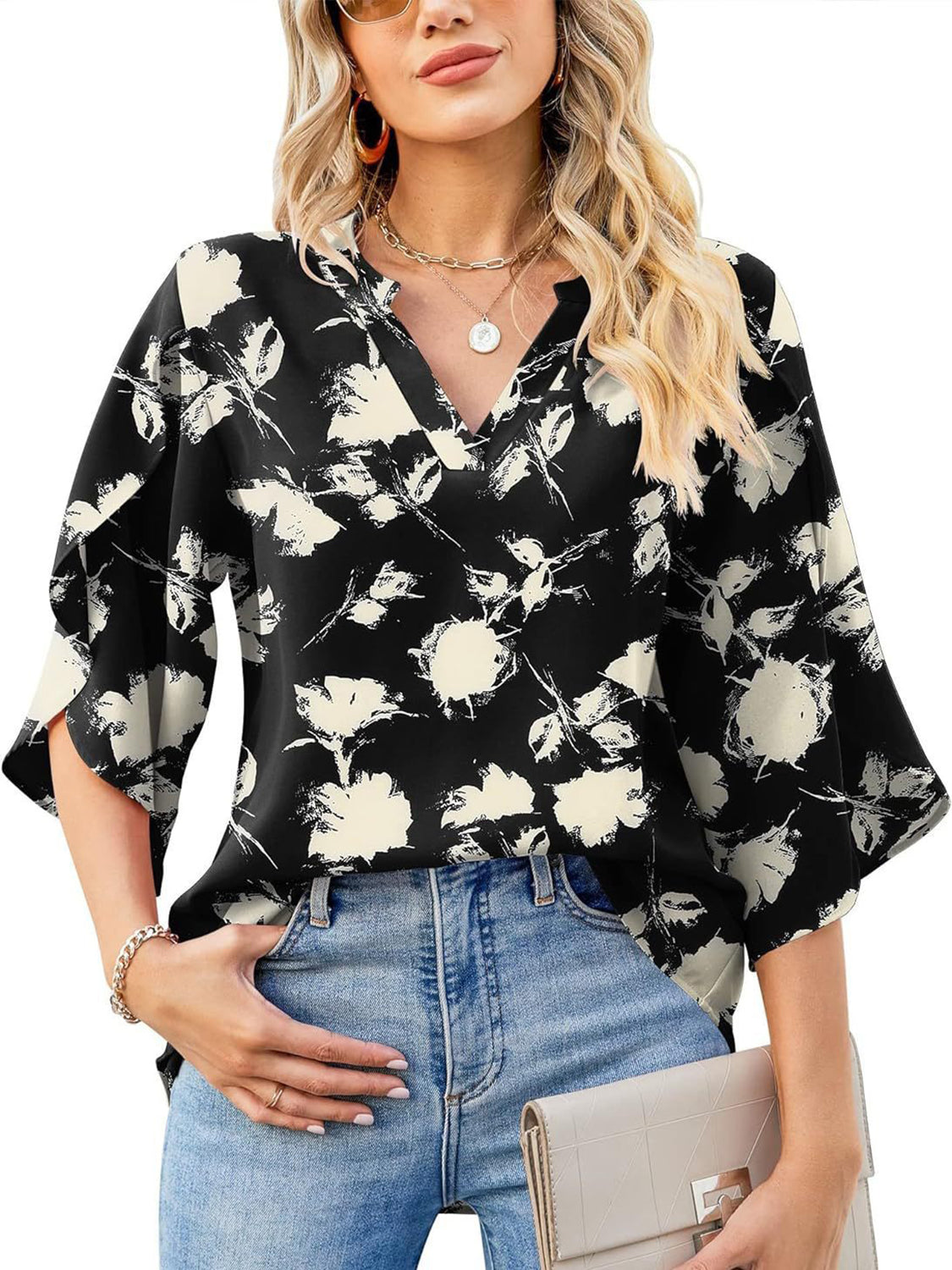 Printed Notched Half Sleeve Blouse - Charming Charlie