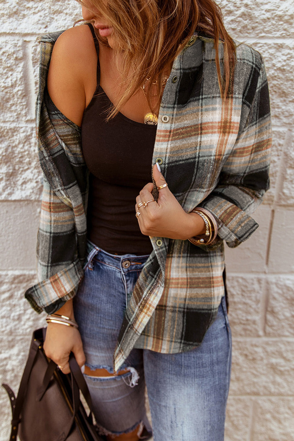 Plaid Collared Neck Button Up Long Sleeve Shirt - Charming Charlie