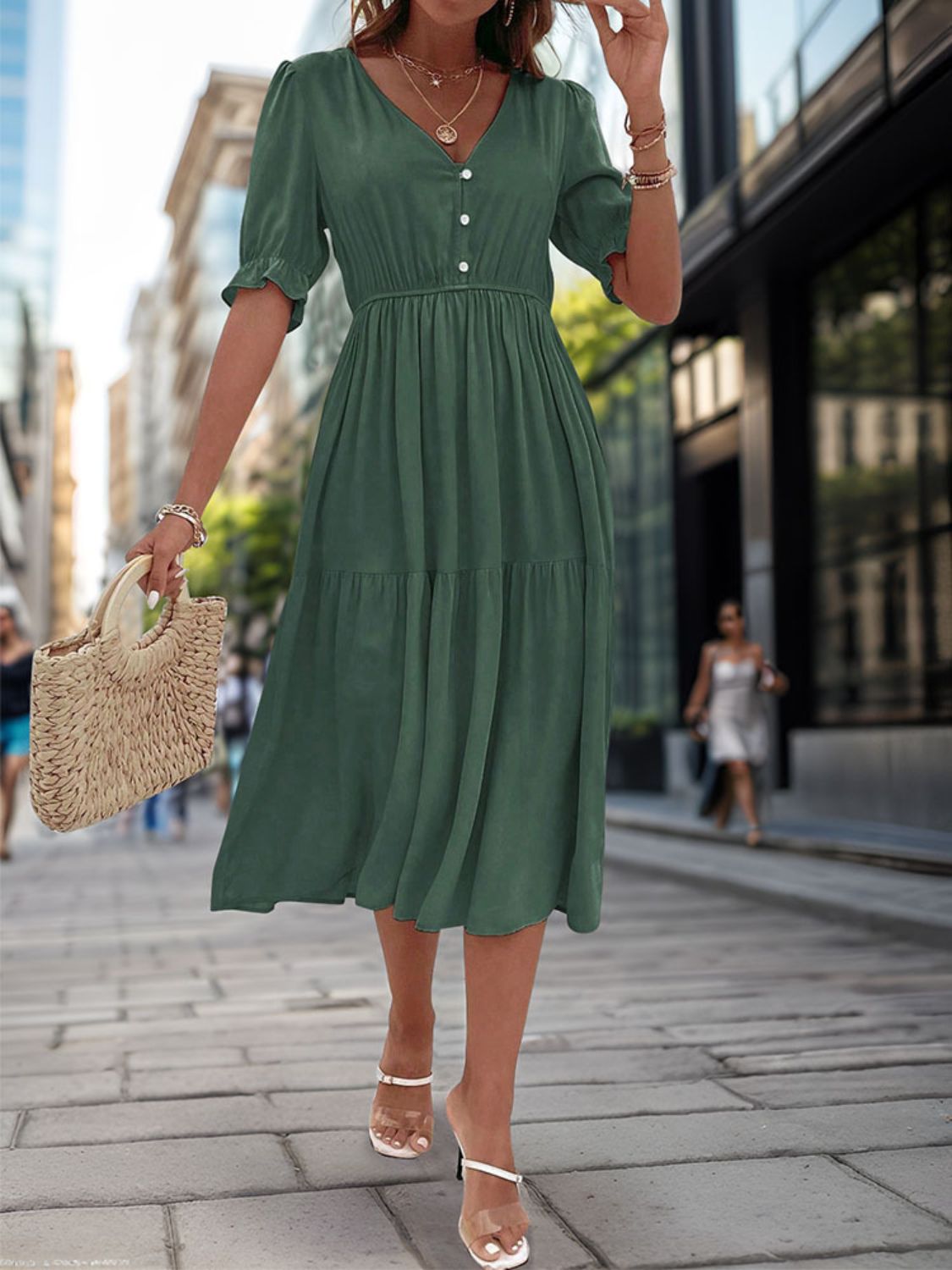 Ruched V-Neck Half Sleeve Midi Dress - Charming Charlie