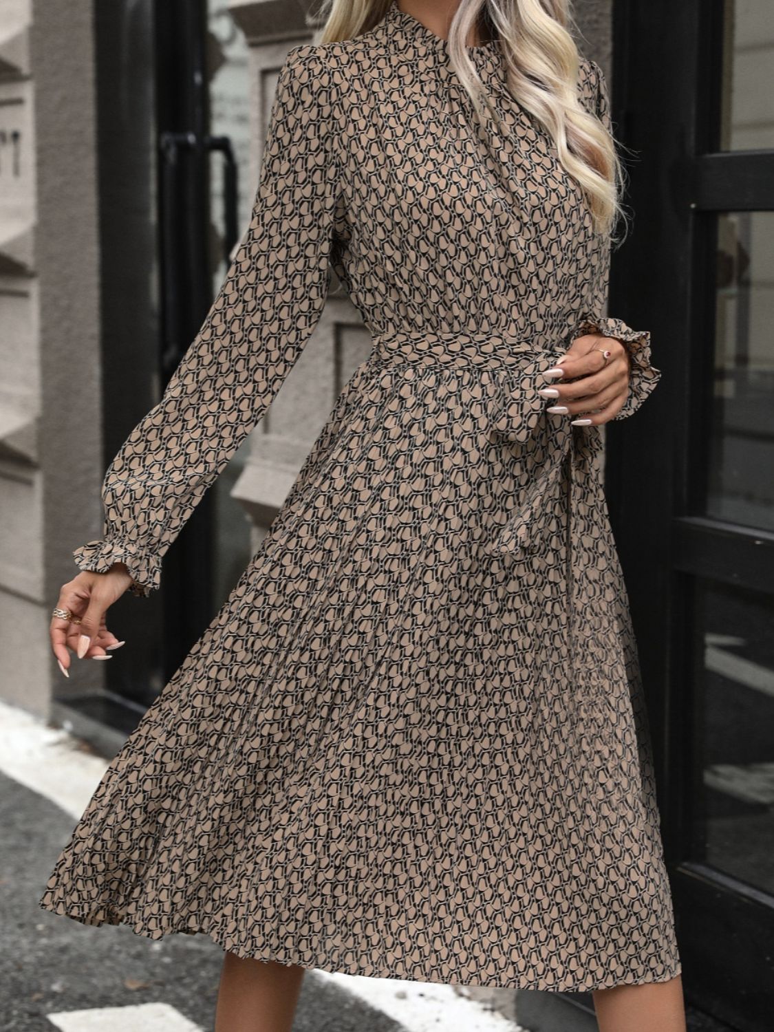 Perfee Printed Mock Neck Flounce Sleeve Dress - Charming Charlie