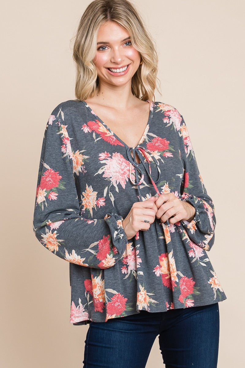 Super Lady Full Size Babydoll Floral Long Sleeve Blouse - Charming Charlie
