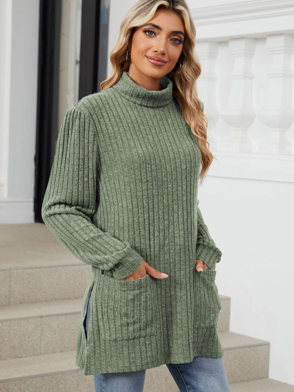 Slit Mock Neck Long Sleeve T-Shirt - Charming Charlie
