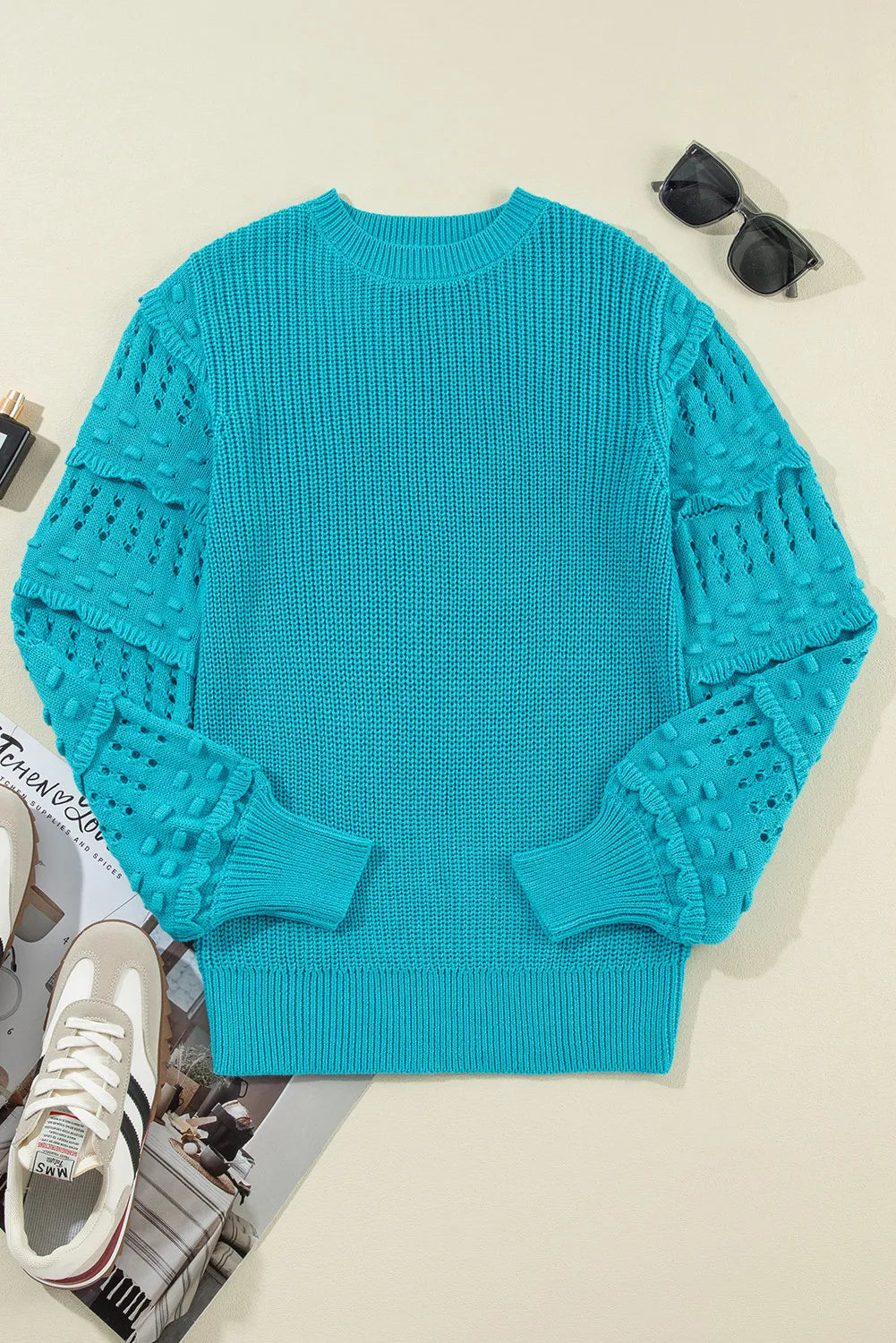 Openwork Frill Round Neck Long Sleeve Sweater - Charming Charlie