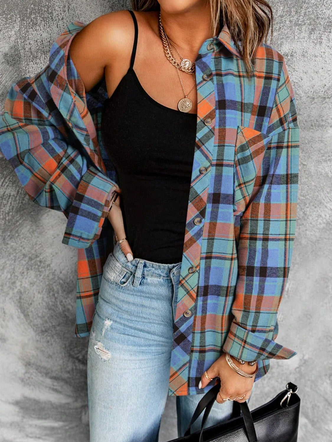 Plaid Collared Neck Long Sleeve Shirt - Charming Charlie