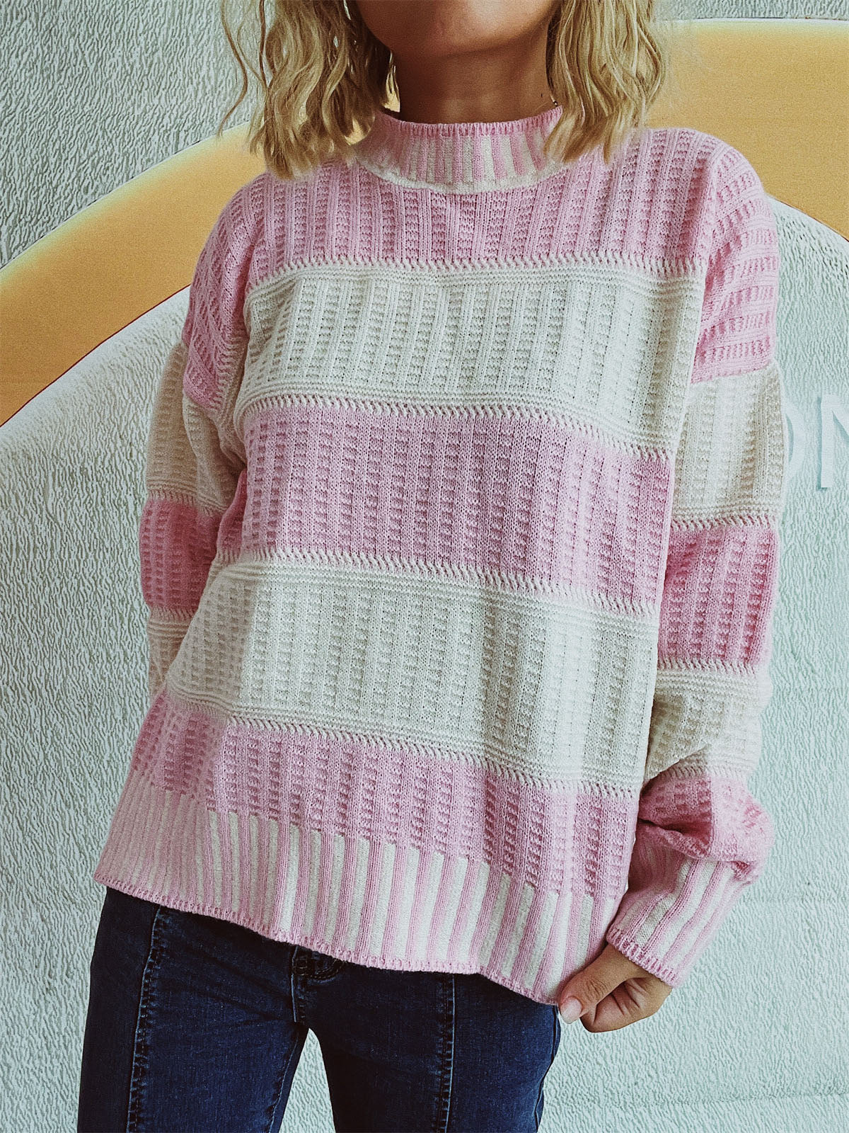 Contrast Round Neck Long Sleeve Sweater - Charming Charlie