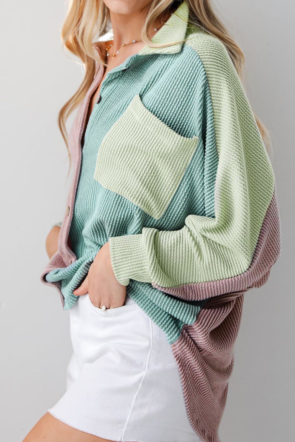 Color Block Corded Button Up Shacket - Charming Charlie