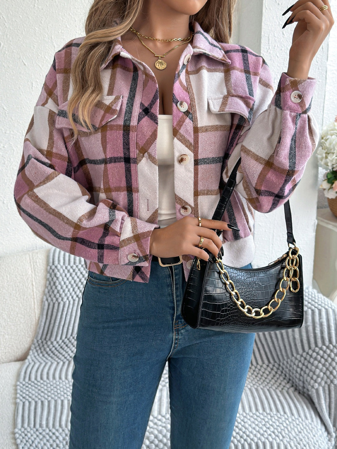 Plaid Button Up Long Sleeve Jacket - Charming Charlie