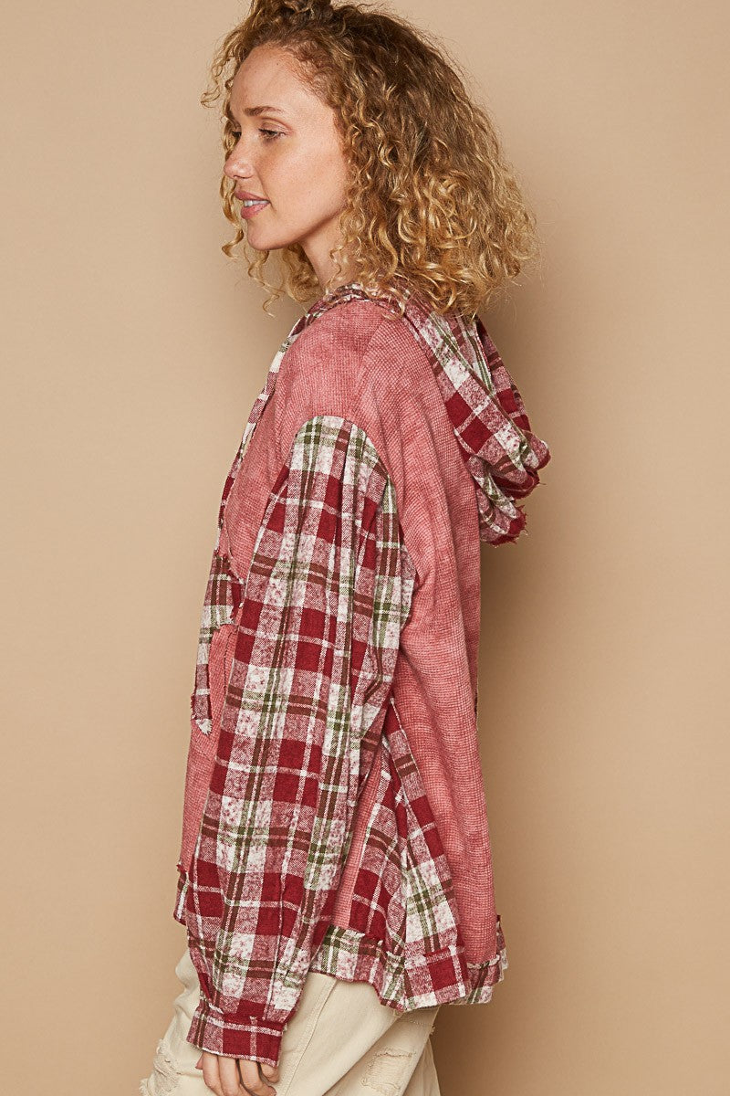 POL Star Patch Plaid Long Sleeve Hooded Top - Charming Charlie