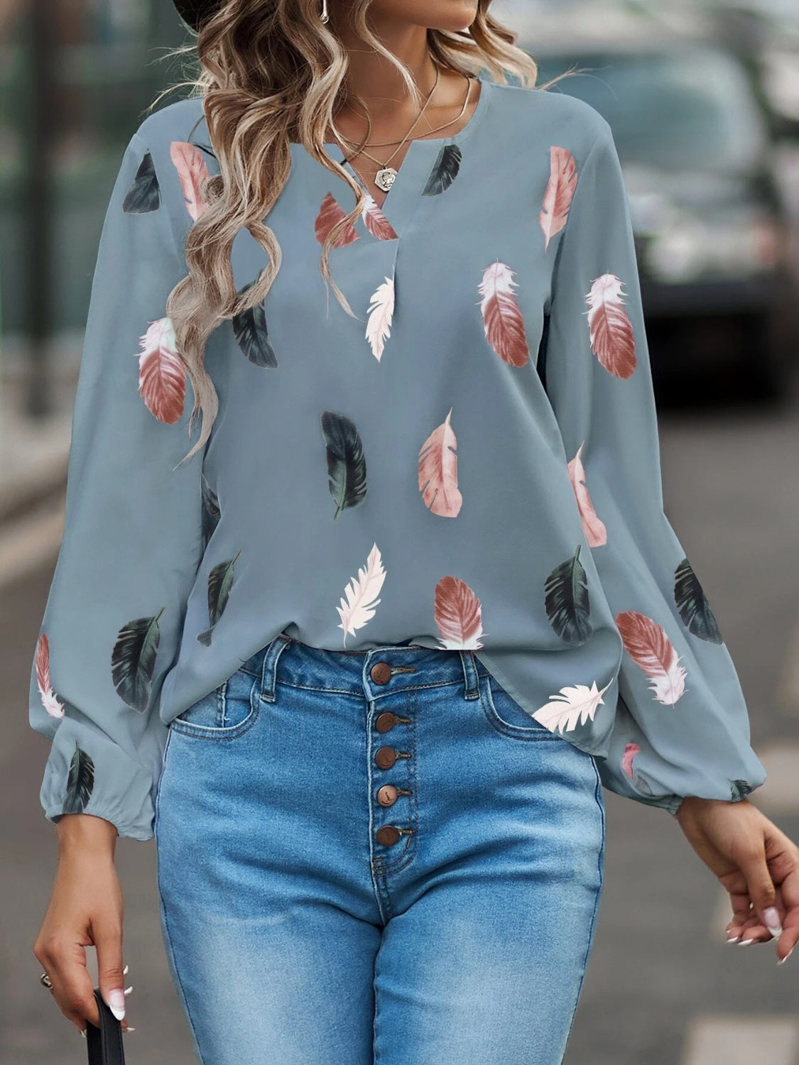 Feather Print Notched Balloon Sleeve Top - Charming Charlie
