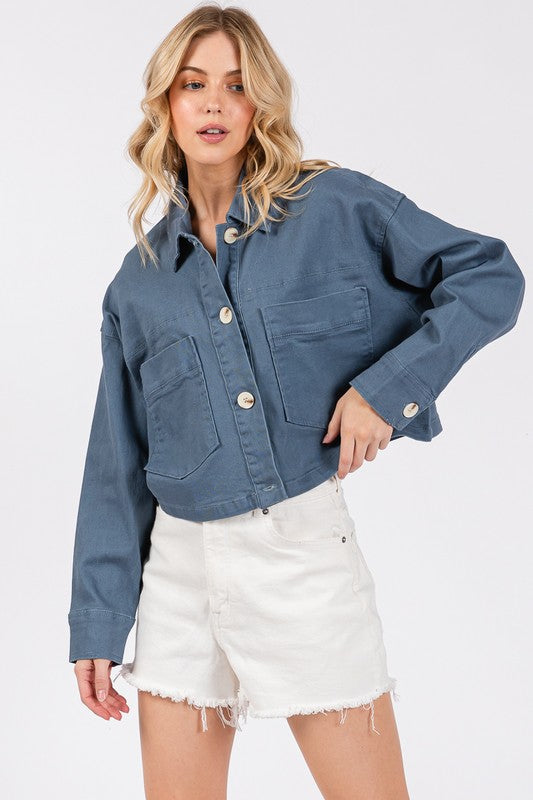 bytos Button Down Cropped Denim Jacket with Patch Pockets - Charming Charlie
