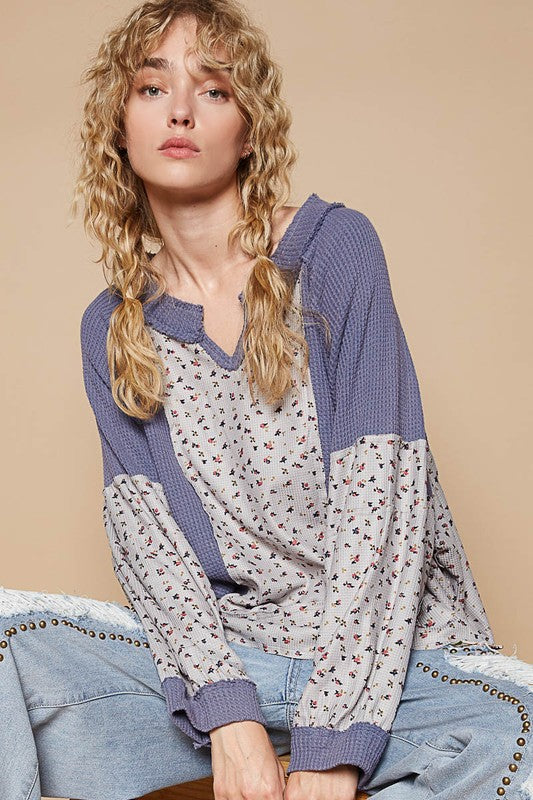 POL Waffle Knit Floral Notched Long Sleeve Top - Charming Charlie
