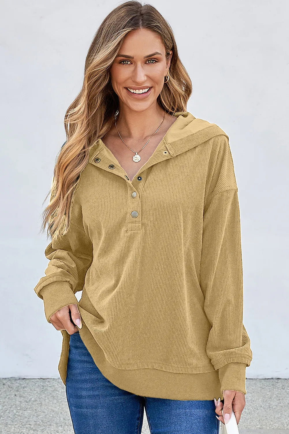 Half Snap Long Sleeve Dropped Shoulder Hoodie - Charming Charlie