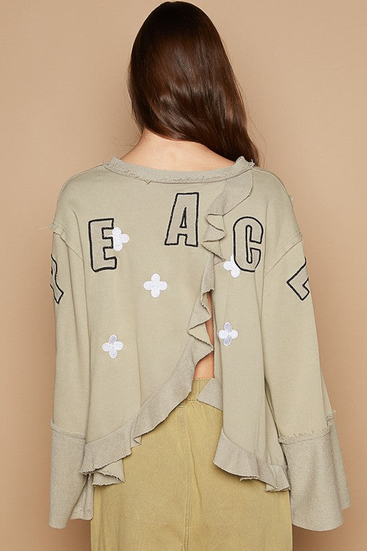 POL Peace Embroidered Exposed Seam Back Ruffle V-Neck Top - Charming Charlie