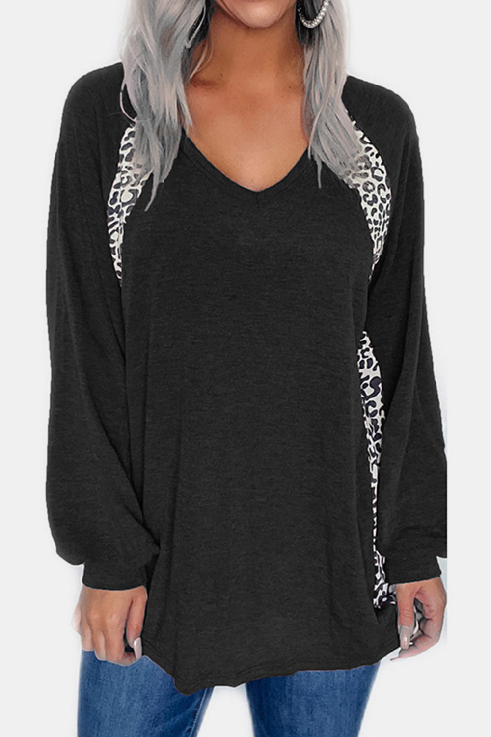 Full Size Leopard V-Neck Long Sleeve T-Shirt - Charming Charlie