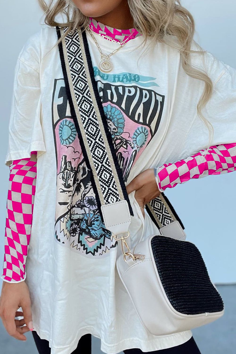 Checkered Mock Neck Long Sleeve Blouse - Charming Charlie