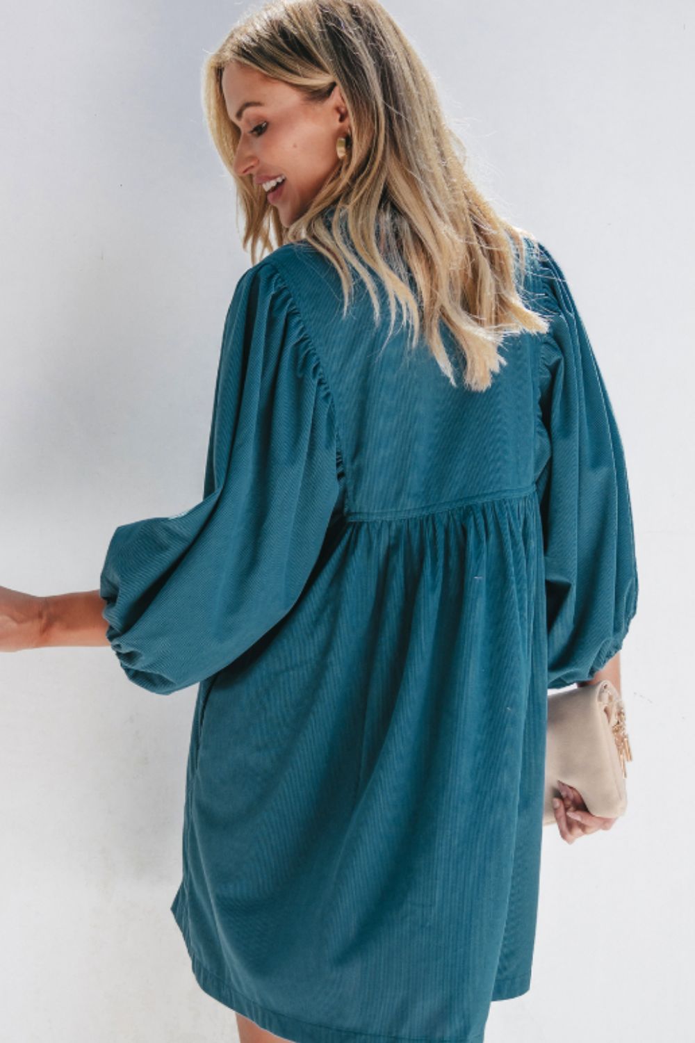 Corduroy Quarter Snap Three-Quarter Sleeve Dress - Charming Charlie