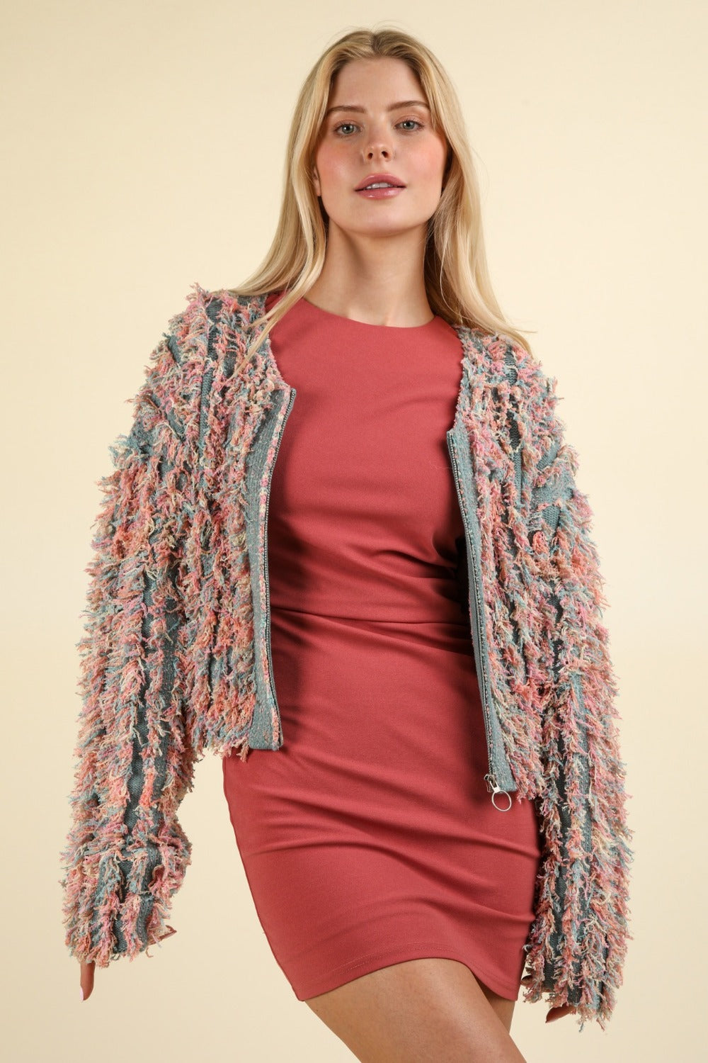 VERY J Shaggy Yarn Knit Zip Up Jacket - Charming Charlie