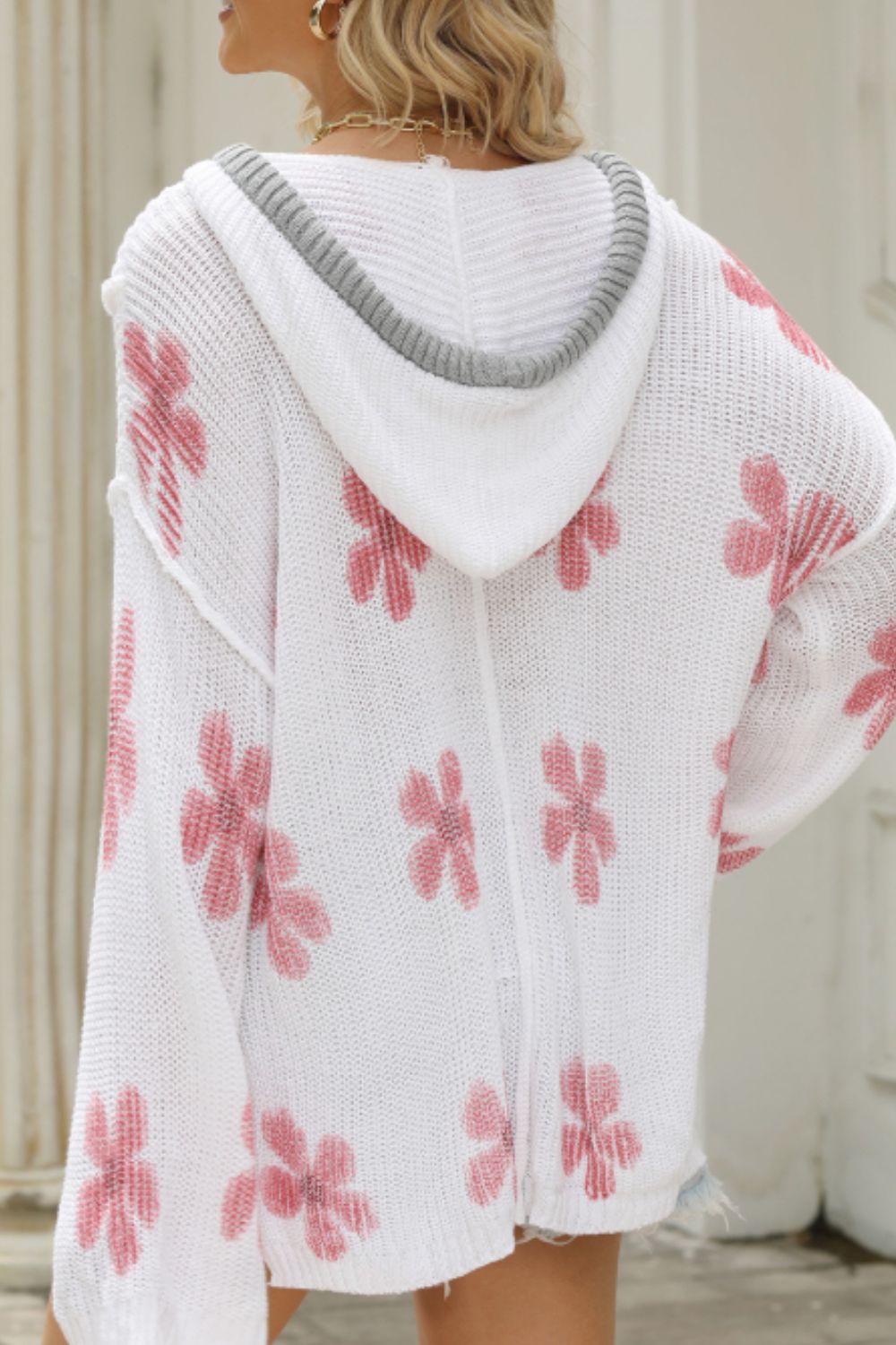 Drawstring Flower Hooded Knit Top - Charming Charlie