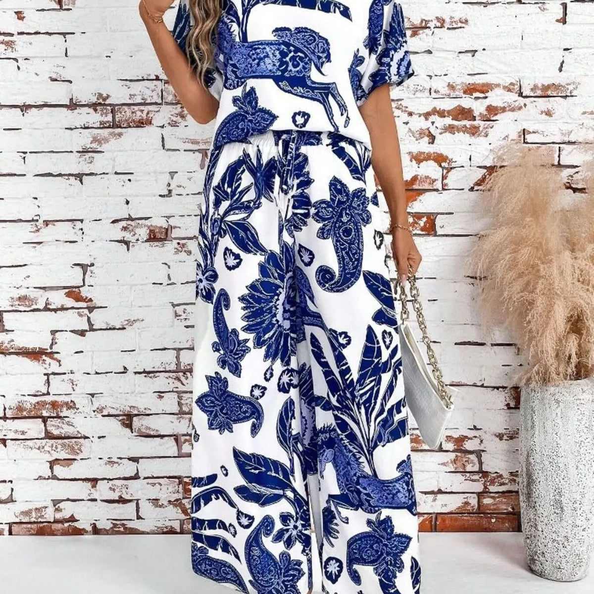 Printed V-Neck Top and Wide Leg Pants Set – Charming Charlie Printed V-Neck Top and Wide Leg Pants Set – Charming Charlie