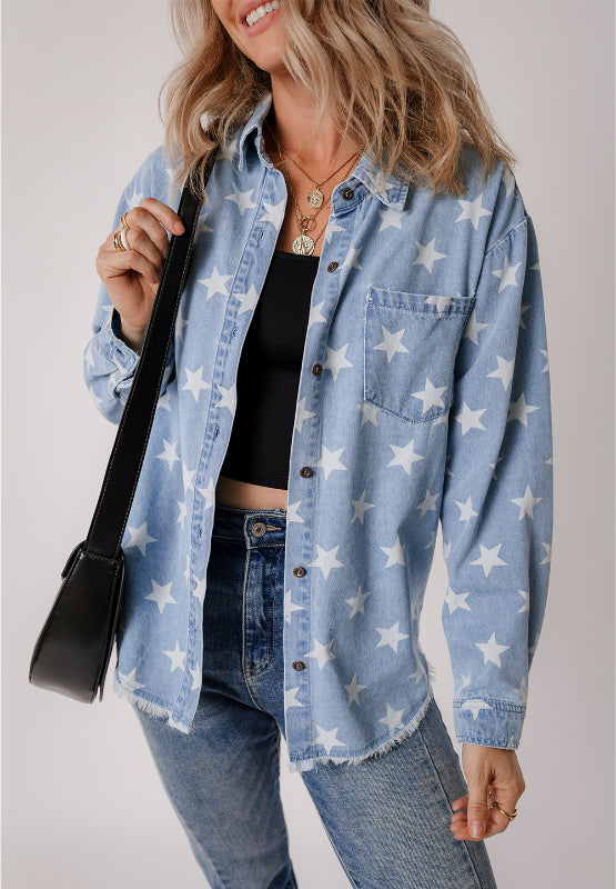 Raw Hem Star Collared Neck Denim Top - Charming Charlie