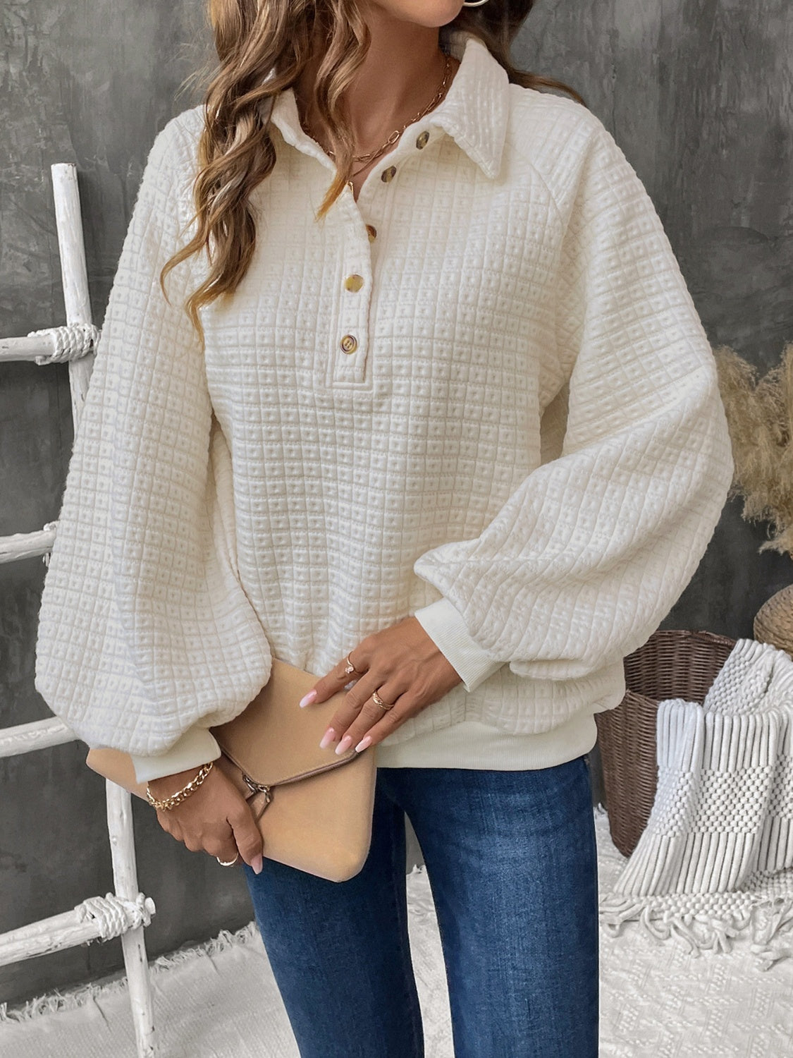 Half Button Long Sleeve Sweatshirt - Charming Charlie