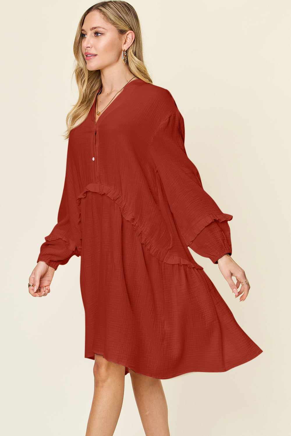 Double Take Full Size Texture Half Button Ruffle Trim Dress - Charming Charlie