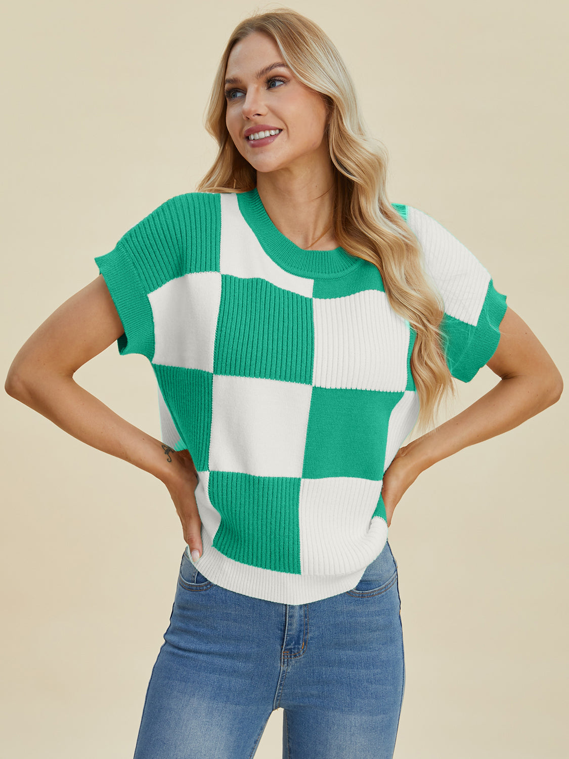 Double Take Full Size Checkered Round Neck Short Sleeve Sweater - Charming Charlie