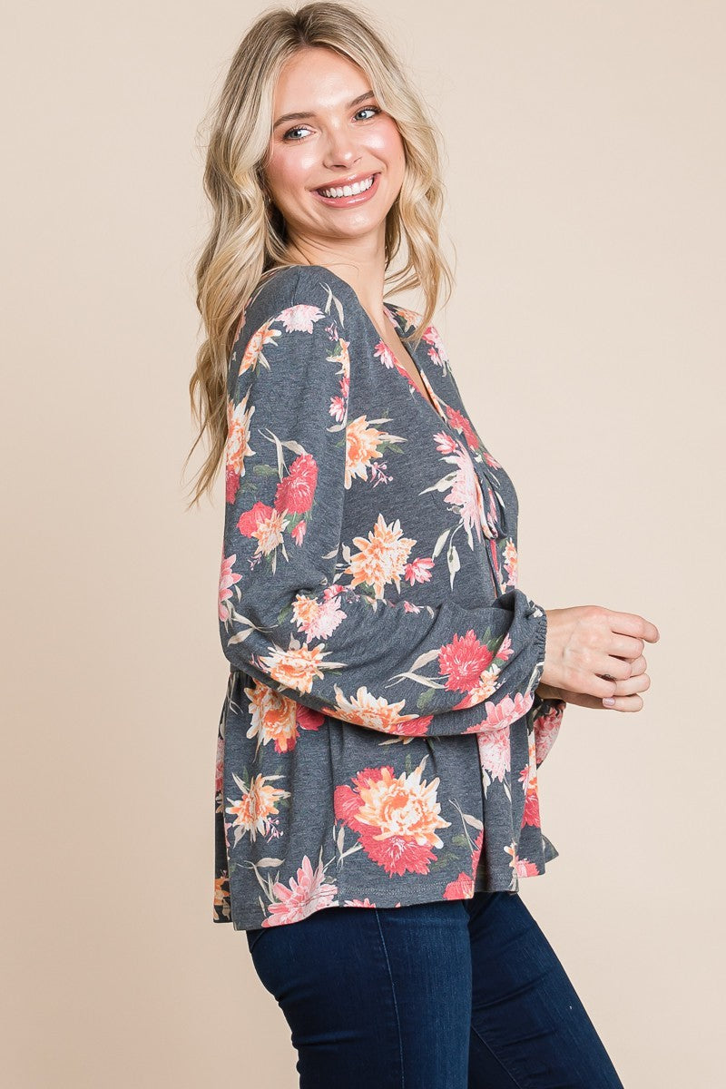 Super Lady Full Size Babydoll Floral Long Sleeve Blouse - Charming Charlie