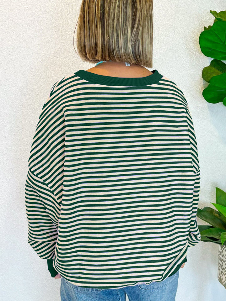 Striped Round Neck Long Sleeve Sweatshirt - Charming Charlie
