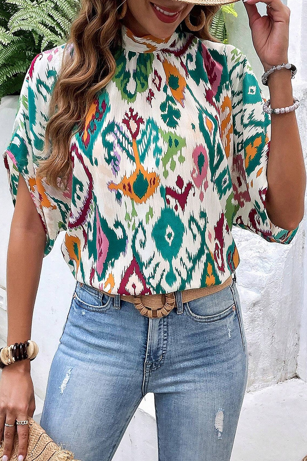 Printed Mock Neck Half Sleeve Blouse - Charming Charlie