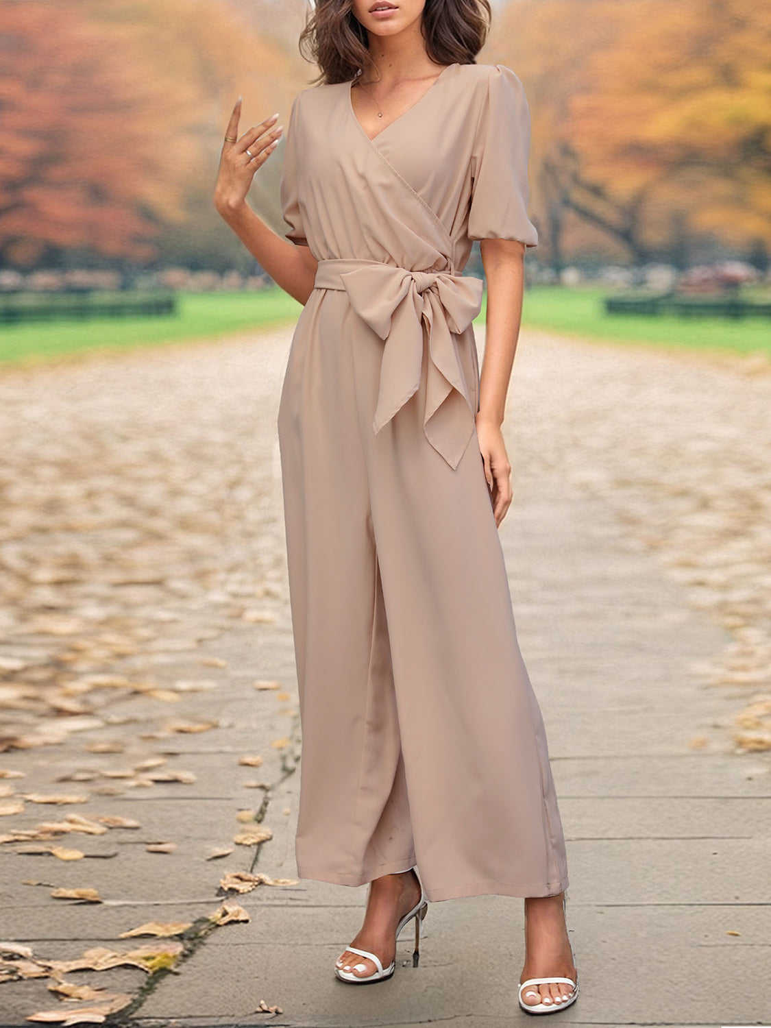 Tied Short Sleeve Wide Leg Jumpsuit - Charming Charlie