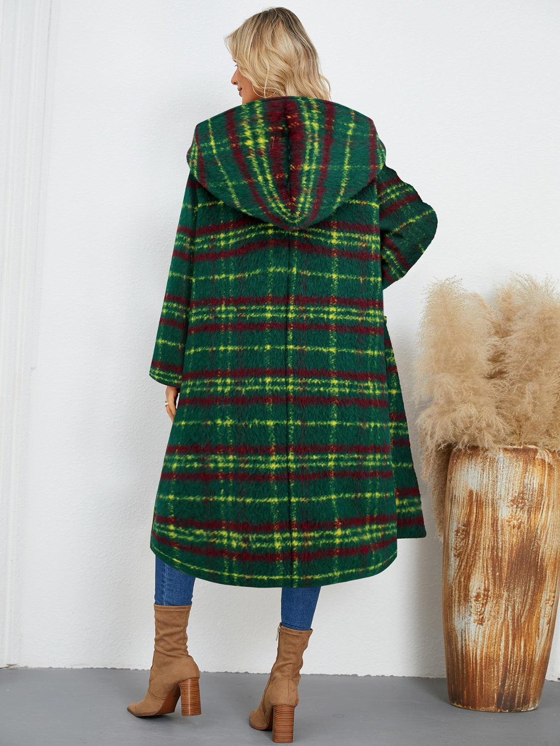 Plaid Long Sleeve Hooded Coat with Pockets - Charming Charlie