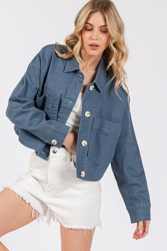 bytos Button Down Cropped Denim Jacket with Patch Pockets - Charming Charlie