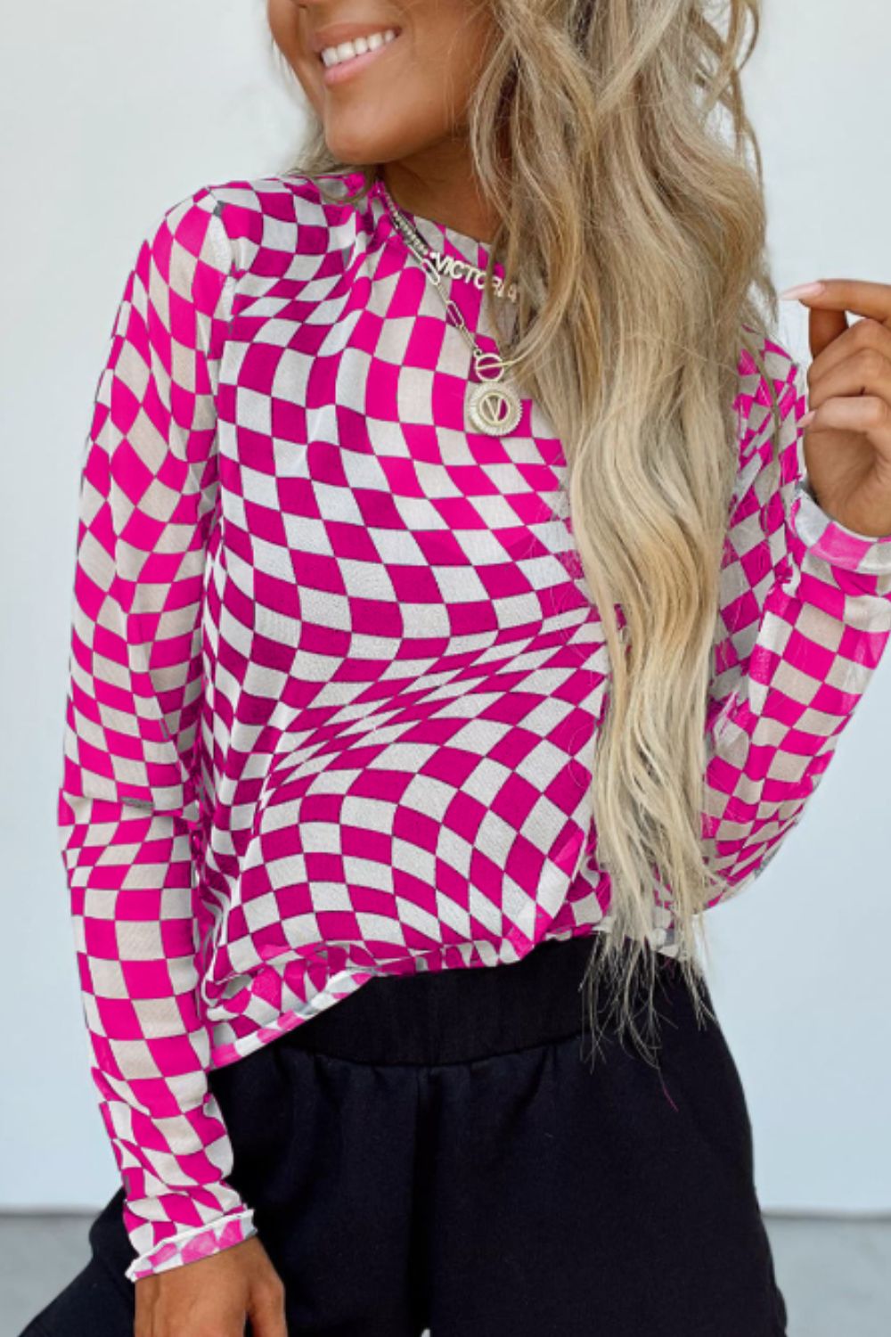 Checkered Mock Neck Long Sleeve Blouse - Charming Charlie