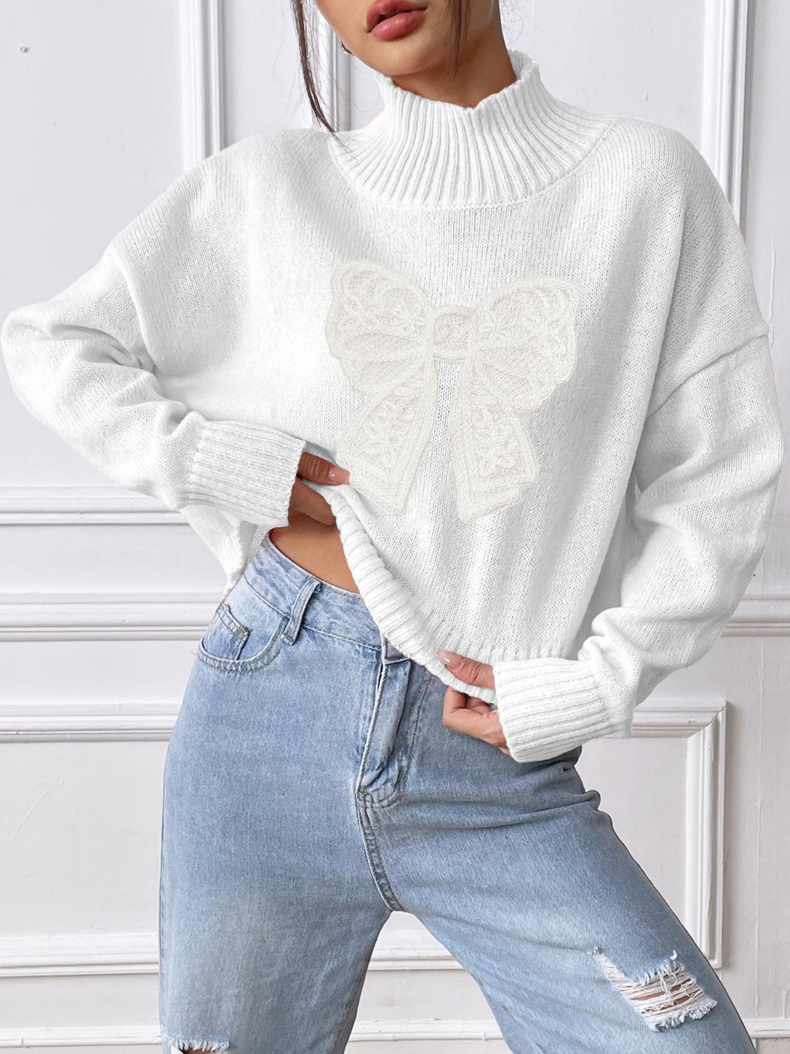 Bow Turtleneck Long Sleeve Sweater - Charming Charlie