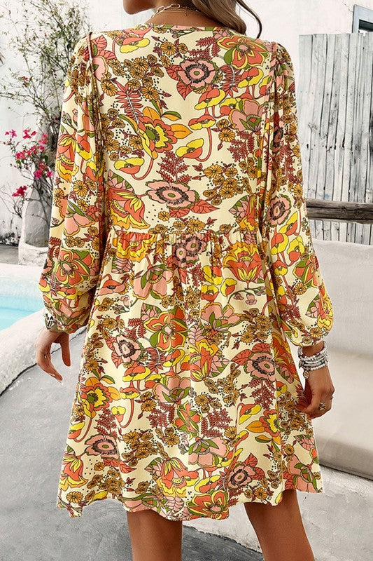 Women Floral Print V Neck Puff Sleeve Mini Dress - Charming Charlie