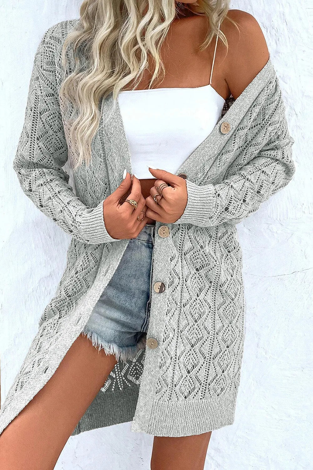 Openwork Button Down Long Sleeve Cardigan - Charming Charlie