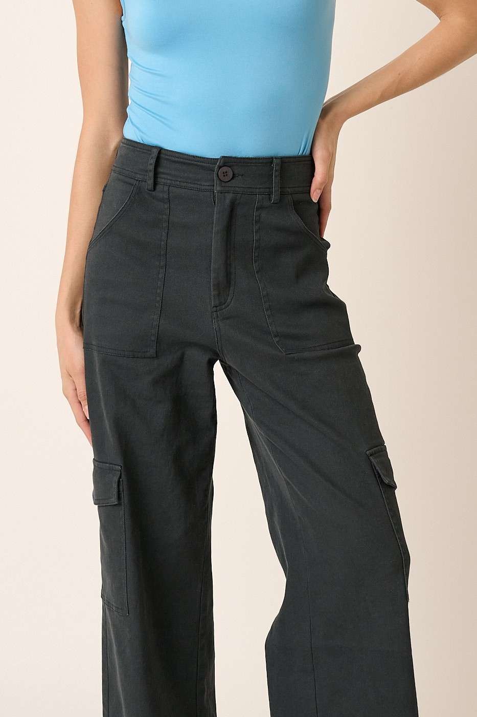 Mittoshop Wide Leg High Waist Pants with Cargo Pockets - Charming Charlie