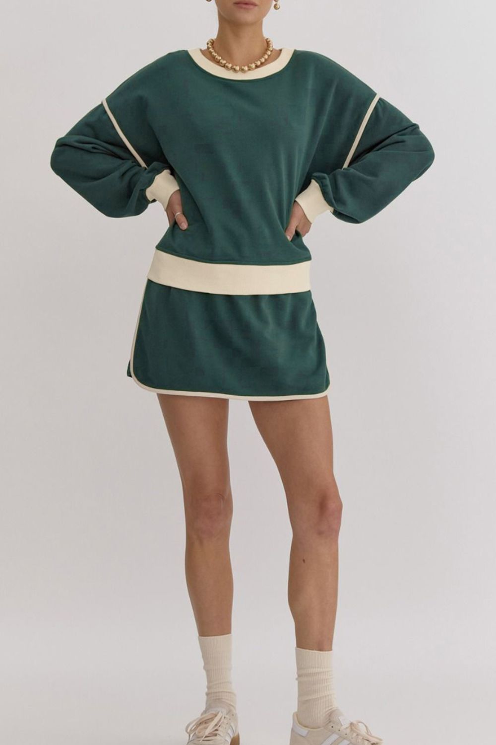 Contrast Trim Round Neck Top and Skort Set - Charming Charlie