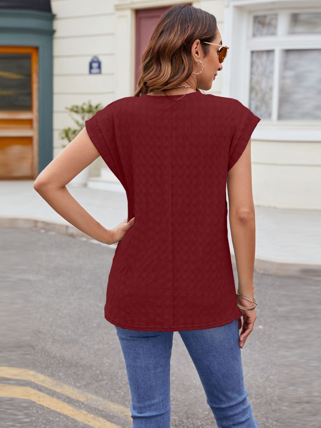 Textured Round Neck Cap Sleeve T-Shirt - Charming Charlie