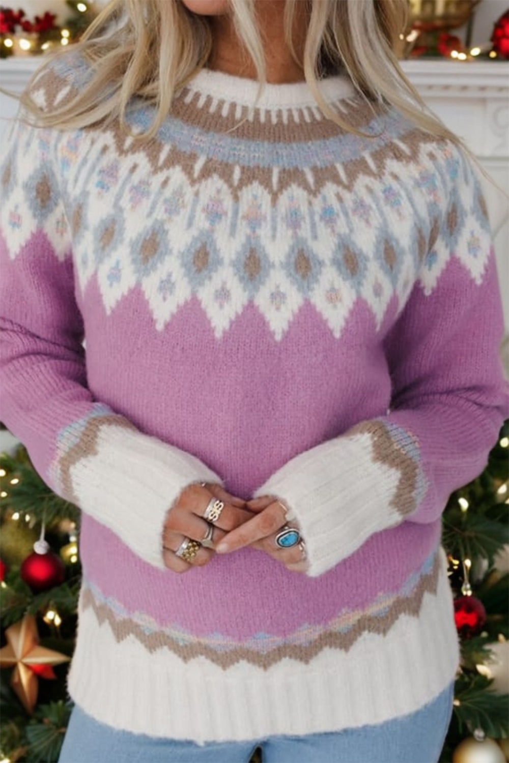 Geometric Round Neck Long Sleeve Sweater - Charming Charlie