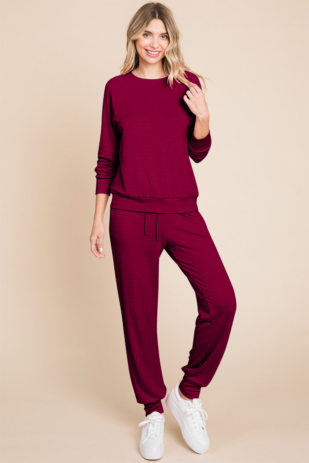Super Lady Round Neck Raglan Sleeve Top and Pants Lounge Set - Charming Charlie