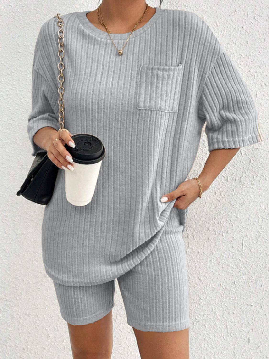 Ribbed Round Neck Top and Shorts Set - Charming Charlie