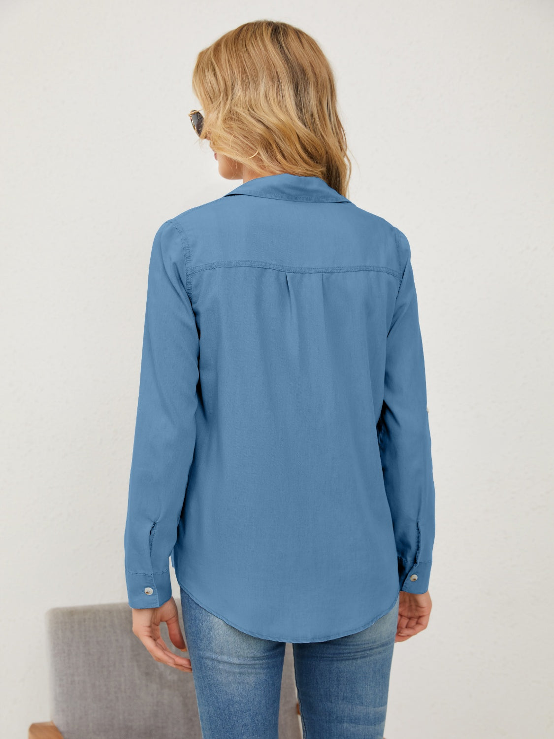 Pocketed Button Up Long Sleeve Denim Shirt - Charming Charlie